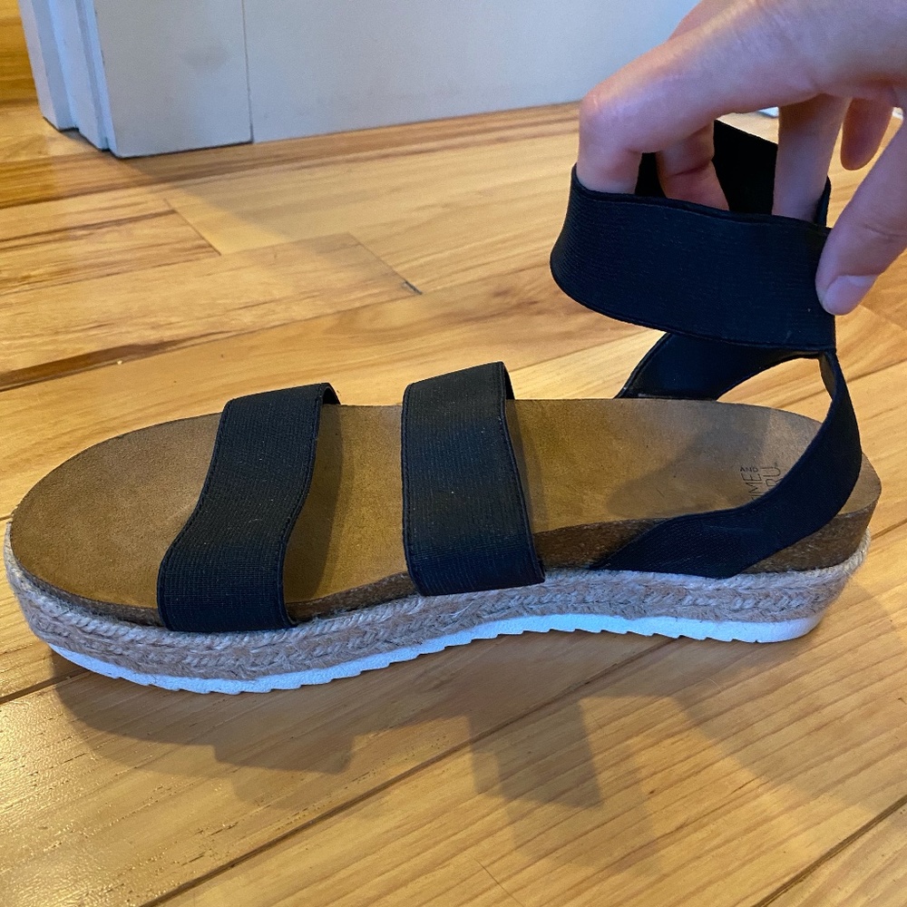 Black, Tan, and White Ankle-Strap Sandals, Low Heel, Size 9 Women's